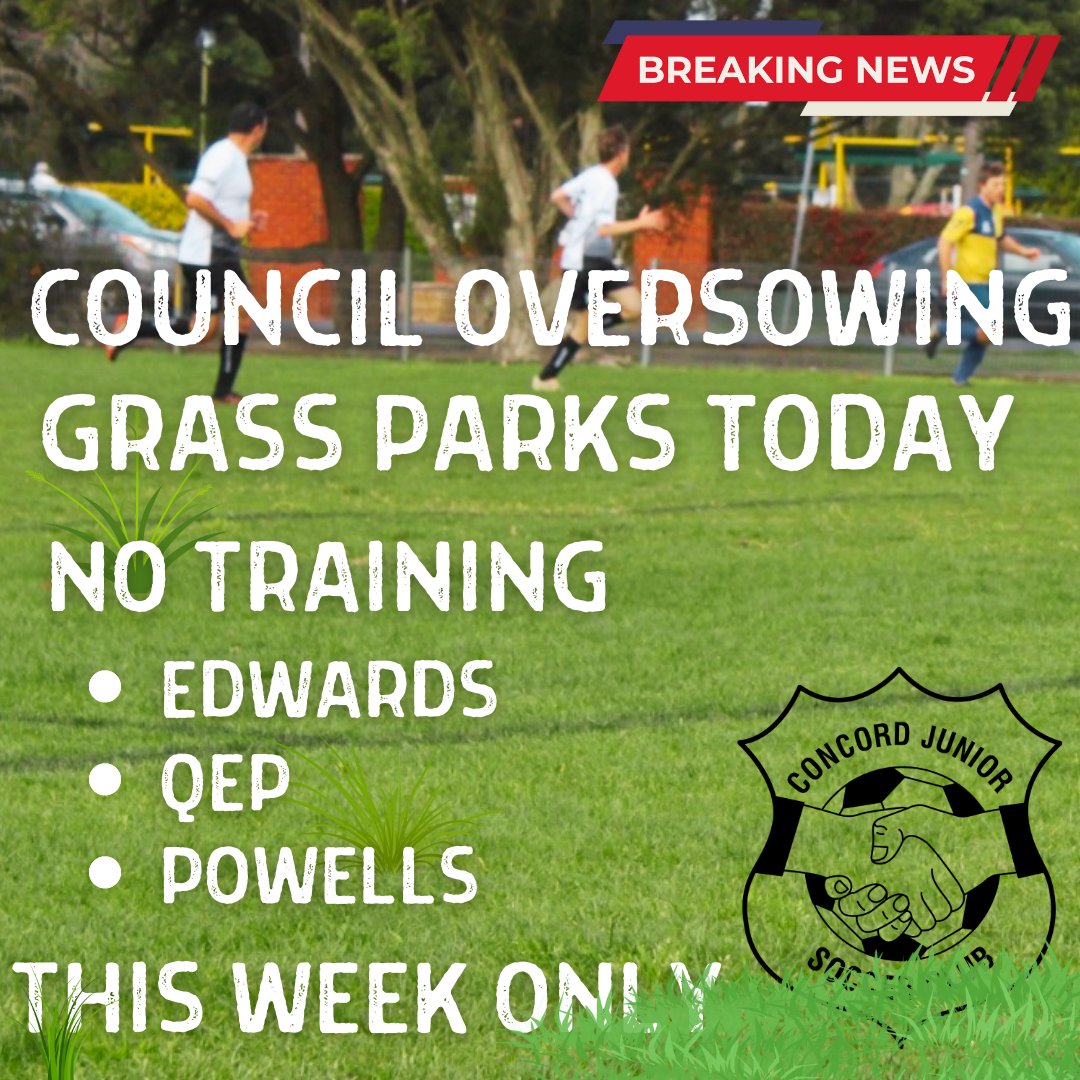 ConcordJSC's tweet photo. Council are oversowing grass parks this week to boost the grass supply for the seaon. Unfortunately this means we cannot train on Edwards QEP and Powells.

Your Coach or Manager will be in touch. The forecast is not great this week, which at least will be good for the grass. https://t.co/B8nTStx31f