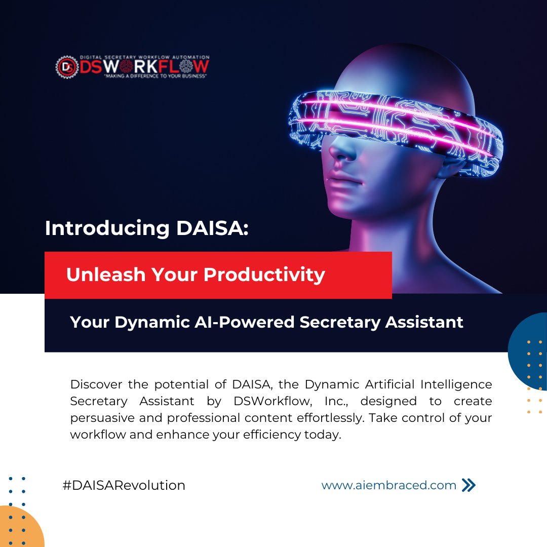 dsworkflow's tweet image. 🤖✍️ Meet DAISA, the Dynamic Artificial Intelligence Secretary Assistant! Revolutionizing content generation with AI-powered efficiency and creativity. Say goodbye to writer's block, and hello to endless inspiration! 🚀 #DAISA #ContentGenius #AIAssistant