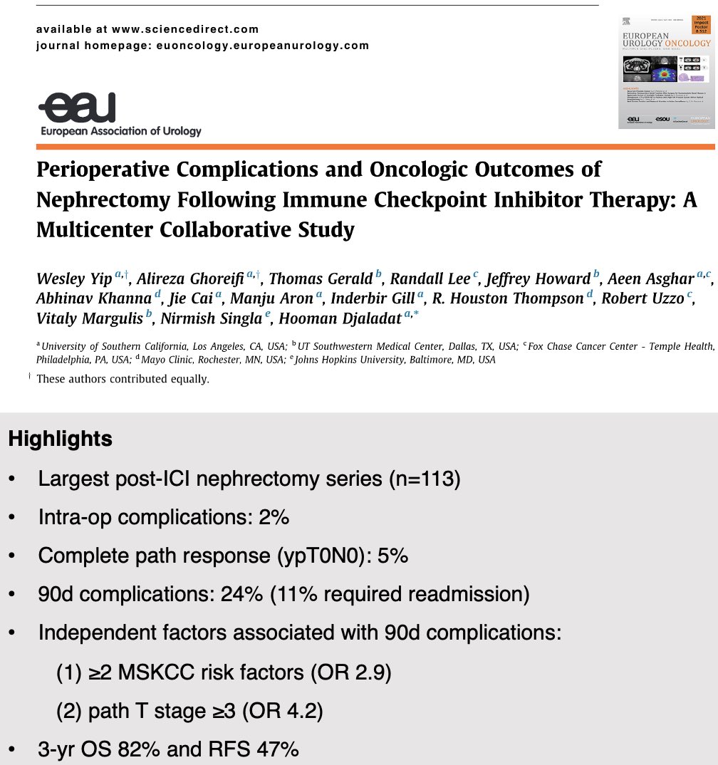 Alireza Ghoreifi, MD (@alirezaghoreifi) on Twitter photo Excited to share our most recent study in <a href="/EurUrolOncol/">European Urology Oncology</a> assessing the outcomes of #nephrectomy post #ICI
<a href="/WesleyYipMD/">Wesley Yip</a> <a href="/RandallsPlaque/">Randall Lee MD</a> <a href="/JeffHoward_uro/">Jeffrey Howard, M.D., Ph.D.</a> <a href="/Aeen_A/">Aeen Asghar MD</a> <a href="/abhinav__khanna/">Abhinav Khanna</a> <a href="/HThompsonMD/">R. Houston Thompson</a> <a href="/Robert_Uzzo/">Robert Uzzo</a> <a href="/nirmishsingla/">nirm</a> <a href="/Hoomandjaladat/">Dr. Hooman Djaladat</a> <a href="/USC_Urology/">USC Urology</a>
đź”—tinyurl.com/4hu6ednz Excited to share our most recent study in <a href="/EurUrolOncol/">European Urology Oncology</a> assessing the outcomes of #nephrectomy post #ICI
<a href="/WesleyYipMD/">Wesley Yip</a> <a href="/RandallsPlaque/">Randall Lee MD</a> <a href="/JeffHoward_uro/">Jeffrey Howard, M.D., Ph.D.</a> <a href="/Aeen_A/">Aeen Asghar MD</a> <a href="/abhinav__khanna/">Abhinav Khanna</a> <a href="/HThompsonMD/">R. Houston Thompson</a> <a href="/Robert_Uzzo/">Robert Uzzo</a> <a href="/nirmishsingla/">nirm</a> <a href="/Hoomandjaladat/">Dr. Hooman Djaladat</a> <a href="/USC_Urology/">USC Urology</a>
đź”—tinyurl.com/4hu6ednz