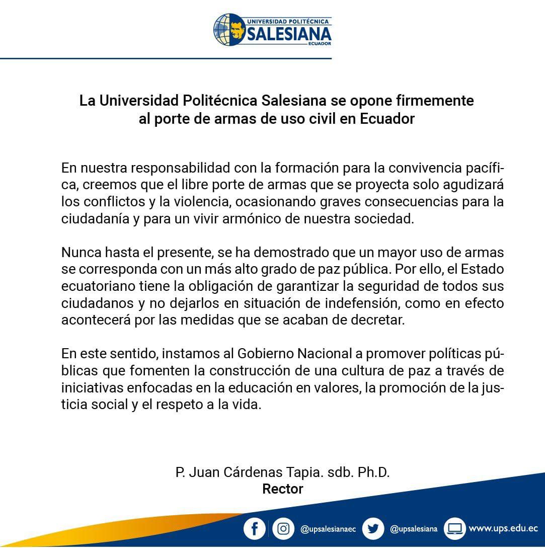 ecuainm_oficial's tweet photo. ‼️#URGENTE
Varias Universidades del Ecuador se pronuncian en contra del Decreto del Presidente @LassoGuillermo que permite el porte de armas de uso civil en el país. https://t.co/35dkH8uuOb
