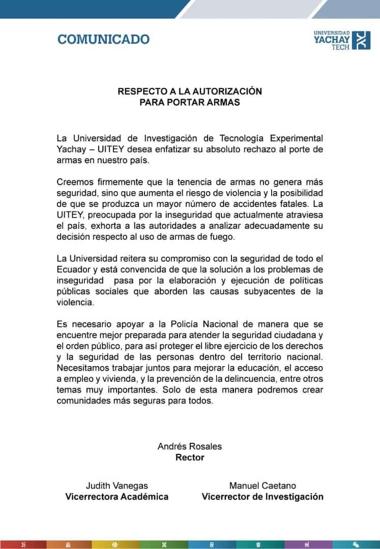 ecuainm_oficial's tweet photo. ‼️#URGENTE
Varias Universidades del Ecuador se pronuncian en contra del Decreto del Presidente @LassoGuillermo que permite el porte de armas de uso civil en el país. https://t.co/35dkH8uuOb