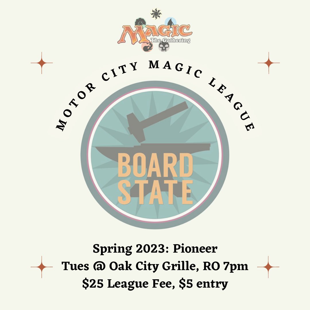 BoardState's tweet photo. We're back! The Motor City Magic League is back and at an all new location, Tuesdays, at the Oak City Grille in Royal Oak. Live Music, great food and plenty of spirits. Show up any week to play for $5 or join the league to add big prizes! #MCML #Magic #MTG https://t.co/hS1uQUGvZJ