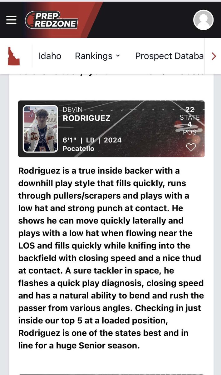 Devin Rodriguez-2⭐️LB (@devinjrod13) on Twitter photo Thank you <a href="/PrepRedzoneID/">Prep Redzone Idaho</a> for the write up and blessed to be ranked 22th in class of 2024 and 4th at my position
<a href="/PGregorian/">Paul Gregorian</a>
<a href="/NickFarman55/">Nick Farman M.S.</a>
<a href="/BrandonHuffman/">Brandon Huffman</a>
<a href="/CoachDHansen/">Darren Hansen</a>
<a href="/coachdspillett/">Coach Spillett</a>
<a href="/RAREAcademyID/">RARE Academy</a> Thank you <a href="/PrepRedzoneID/">Prep Redzone Idaho</a> for the write up and blessed to be ranked 22th in class of 2024 and 4th at my position
<a href="/PGregorian/">Paul Gregorian</a>
<a href="/NickFarman55/">Nick Farman M.S.</a>
<a href="/BrandonHuffman/">Brandon Huffman</a>
<a href="/CoachDHansen/">Darren Hansen</a>
<a href="/coachdspillett/">Coach Spillett</a>
<a href="/RAREAcademyID/">RARE Academy</a>