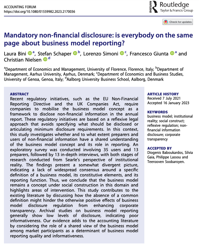 Hot Off the Press! - Mandatory non-financial disclosure: is everybody on the same page about business model reporting? by Laura Bini, <a href="/schaper_stefan/">Stefan Schaper</a>, Lorenzo Simoni, Francesco Giunta &amp; <a href="/ChrisHNielsen/">Christian Nielsen</a>
<a href="/UNI_FIRENZE/">Università di Firenze</a> <a href="/AarhusUni_int/">Aarhus University</a> <a href="/UniGenova/">Università di Genova</a> <a href="/aalborg_uni/">Aalborg Universitet</a>
tandfonline.com/doi/full/10.10…