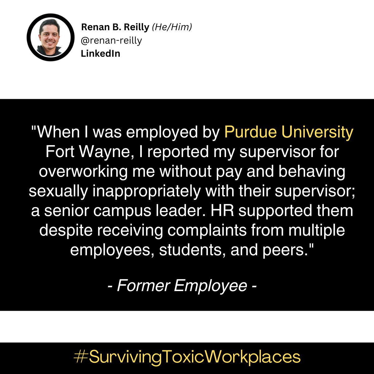 𝗗𝗢 𝗬𝗢𝗨 𝗔𝗚𝗥𝗘𝗘? Silent No More: Say 𝐍𝐎 to toxic and hostile higher education work environments. Full post: linkedin.com/in/renan-reill…

#support #WeMustDoBetter #HigherEducation #RenanReilly #students #HR #linkedin #socialmedia #experience  #SurvivingToxicWorkplaces
