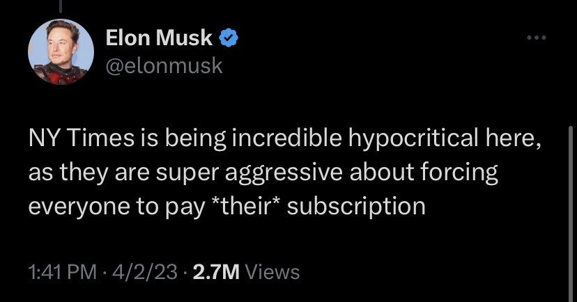 Subscribing to the NYT gives you access to some of the best reporting in the world. Paying for Twitter Blue gives you cred with paid verified ElonFan69420 and their 11 followers and not much more. In other words, this is a false equivalency.