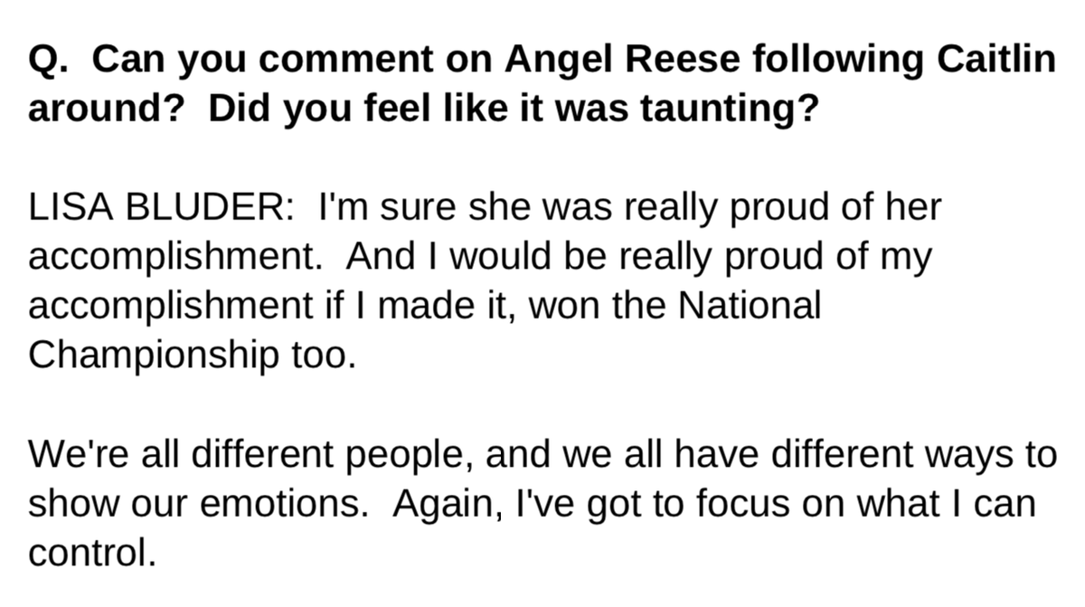 DavidEickholt's tweet photo. Iowa head coach Lisa Bluder when asked about Angel Reese taunting Caitlin Clark: "We're all different people, and we all have our different ways to show our emotions. I've got to focus on what I can control." https://t.co/fOwYGmomrS