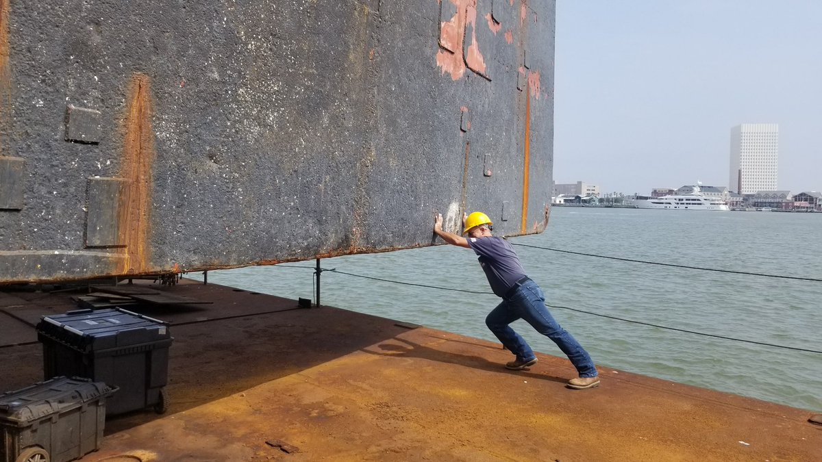 Battleship Texas (@battleship_tx) on Twitter photo A couple of crew members from the <a href="/USSKIDD_DD661/">USS Kidd</a> were found wandering around the shipyard, so we invited them to see the Texas in dry dock. They tried their best to straighten the rudder but unfortunately had no luck doing so. A couple of crew members from the <a href="/USSKIDD_DD661/">USS Kidd</a> were found wandering around the shipyard, so we invited them to see the Texas in dry dock. They tried their best to straighten the rudder but unfortunately had no luck doing so.