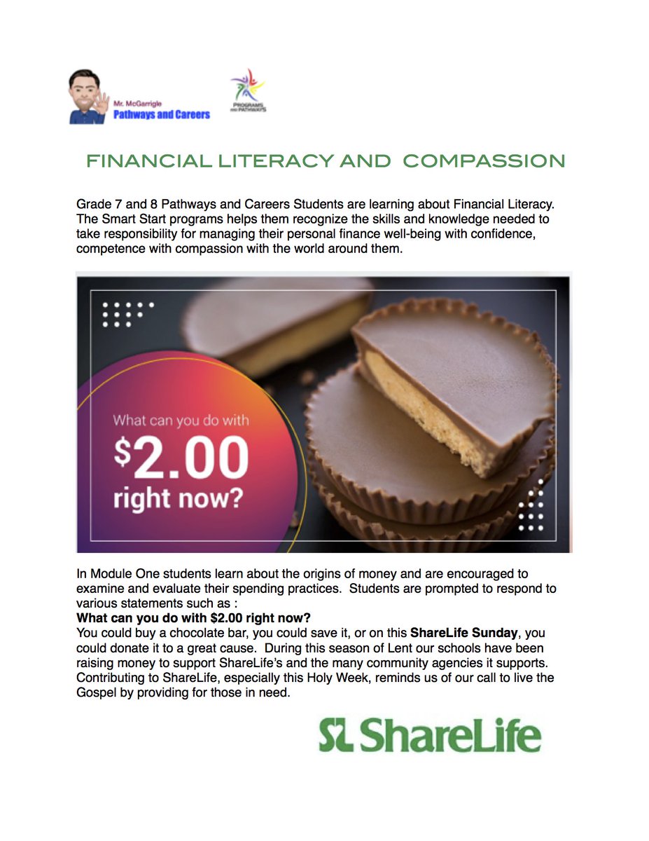 Financial Literacy:  Examining Spending Practices

What can you do with $2.00 right now?
You could buy a chocolate bar, you could save it, or on this ShareLife Sunday, you could donate it to a great cause. @pathwaysycdsb