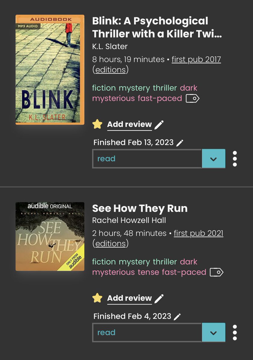 TieflingMercy's tweet photo. @RoseandSpice Screenshots from StoryGraph on what I’ve listened to so far.  I’m tryna read more and keep better track of what I’ve read, and it’s fun to see the types of stories I’m drawn to…
The Scholomance series by Naomi Novik was SO GOOD, 10/10 recommend it. https://t.co/4USMp4b33J