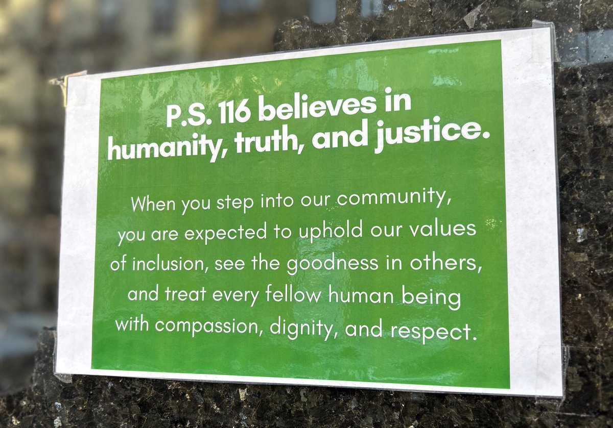 While doing some beautification work in the St. Vartan Park community today, we enjoyed taking in this message near <a href="/PS116NYC/">PS116NYC</a>'s East 33rd Street entrance. We embrace these same values and look forward to <a href="/stvartanpark/">St. Vartan Park Conservancy | MECA</a>'s continued collaboration with the P.S. 116 PTA.