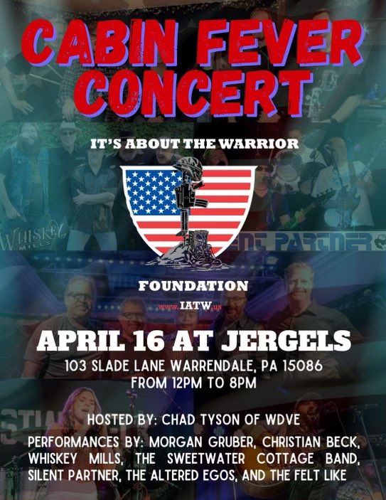 We are TWO weeks away from our Cabin Fever Concert <a href="/jergels/">Jergel's</a> hosted by <a href="/wdve/">wdve</a> <a href="/chadtyson/">Chad Tyson</a> - Sunday, April 16 !   With SIX LIVE BANDS :
@TheFeltLike Christian Beck Morgan Gruber The Altered Egos Silent Partner-Classic Rock Band #whiskeymills @TheSweetwatercottageband👍🏽🇺🇸🇺🇸