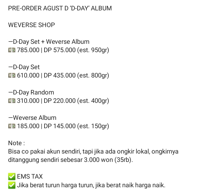 jcooky_'s tweet photo. [ PRE-ORDER ]

SUGA | AGUST D Solo Album “D-DAY”

💵Pricelist check di foto 👇🏻
🖤Order: https://t.co/opqOv6ctel

📅PO 3-20 April 2023

✅EMS TAX
✅DP Shopee
📍Dom Jatim https://t.co/D8FuBTKkkM