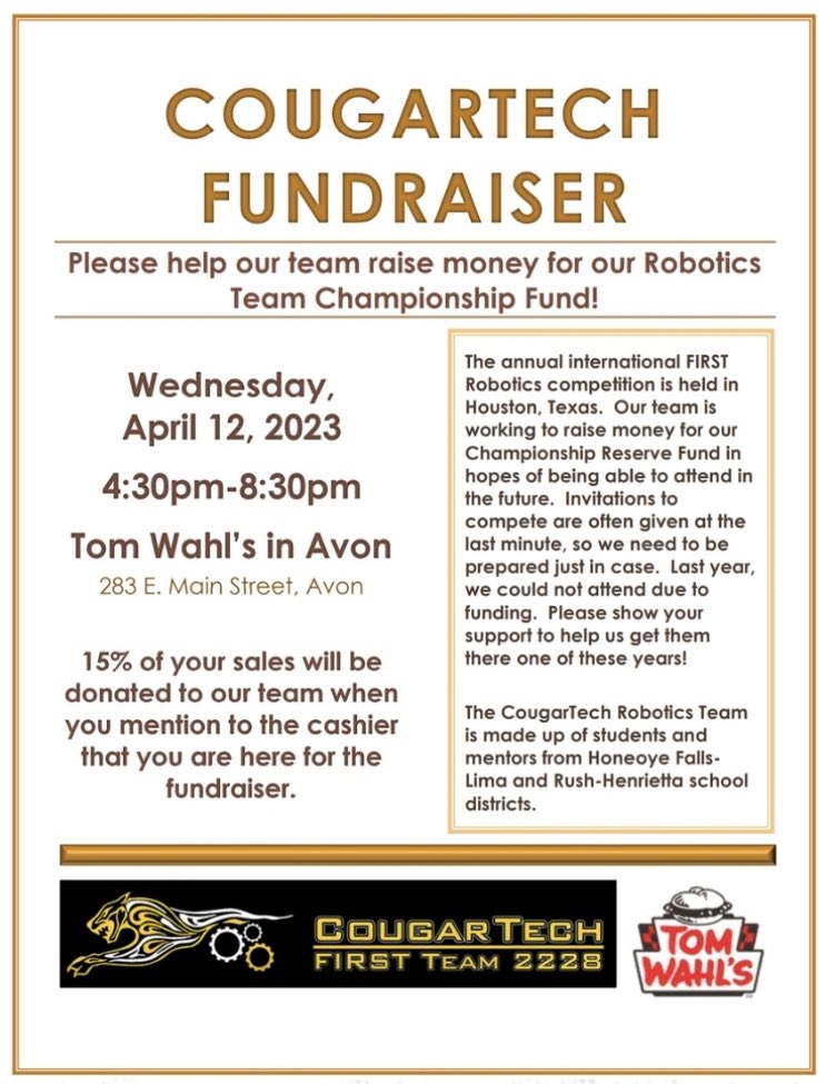 FRC2228's tweet photo. CougarTech Fundraiser! Share with your friends and family to support our team! https://t.co/SBndYM3lQZ