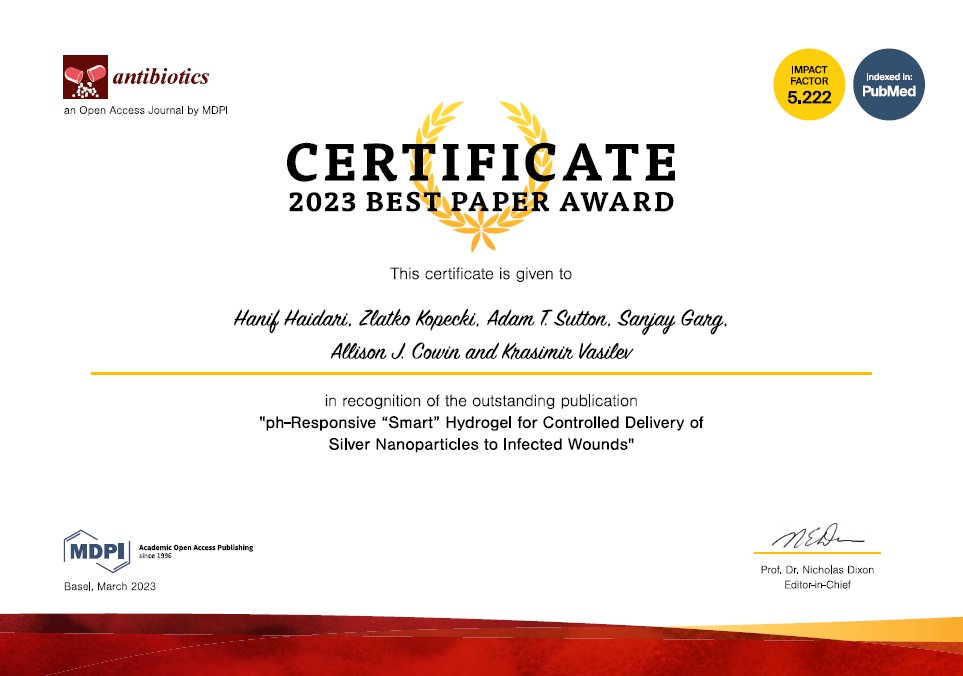 Hanif Haidari (@hanifhaidari95) on Twitter photo Fantastic to see that one of my PhD paper published in <a href="/antibioticsmdpi/">Antibiotics MDPI</a> has been awarded as the "2023 Best Paper Award" based on originality, significance, citations and downloads.
Congratulations to everyone involved <a href="/UniSAFII/">UniSA Future Industries Institute</a>
See the paper below:
doi.org/10.3390/antibi… Fantastic to see that one of my PhD paper published in <a href="/antibioticsmdpi/">Antibiotics MDPI</a> has been awarded as the "2023 Best Paper Award" based on originality, significance, citations and downloads.
Congratulations to everyone involved <a href="/UniSAFII/">UniSA Future Industries Institute</a>
See the paper below:
doi.org/10.3390/antibi…