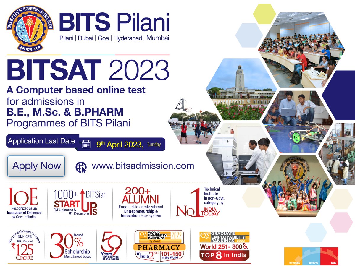 bitspilaniindia's tweet photo. Registration for BITSAT-2023, a Computer-Based Online Test for Admissions in Integrated First Degree Programmes (B.E., https://t.co/9DH33Ec5qG., B. Pharm.) For AY 2023 - 2024 at Pilani, K K Birla Goa and Hyderabad Campus of BITS Pilani, is Now Open.

More Details : https://t.co/hDGH1krp2w

#Admissions #BITSAT2023 #BITSAT #bitsadmission #admissionsopen2023 #admissionopen2023_2024 #admissionsopen2023_24