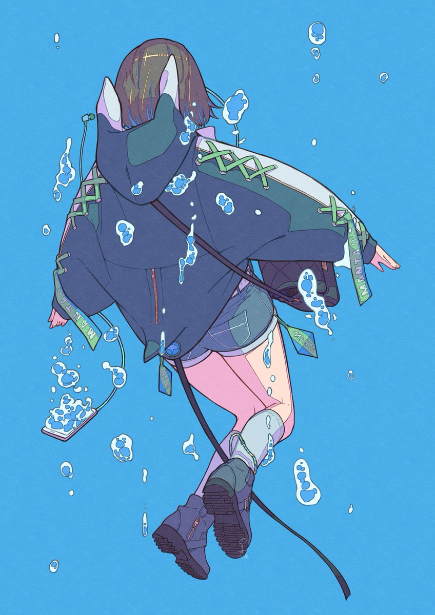 1girl solo hood shorts blue background from behind bag  illustration images