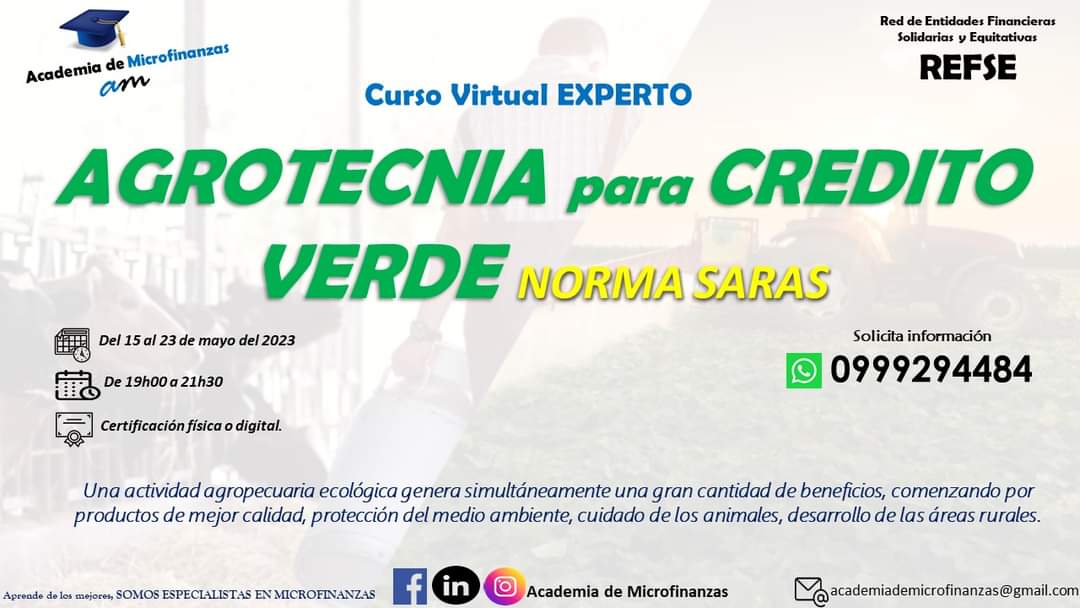 Curso Experto en Agrotécnia para CREDITO VERDE.
Una actividad agropecuaria ecológica genera simultáneamente una gran cantidad de beneficios, comenzando por productos de mejor calidad, Información en el siguiente link bit.ly/3mRDxpa o al 0999294484.