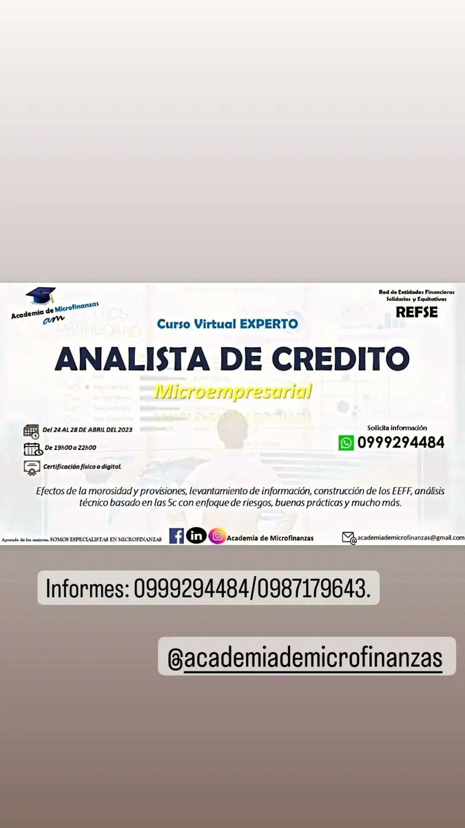 Curso virtual EXPERTO en 𝐀𝐍𝐀𝐋𝐈𝐒𝐓𝐀 𝐃𝐄 𝐂𝐑𝐄𝐃𝐈𝐓𝐎 microempresarial experto, te enseñamos como se hace un microcrédito, y las mejores técnicas de análisis.
Informes al siguiente link bit.ly/3mRDxpa o al 099 929 4484