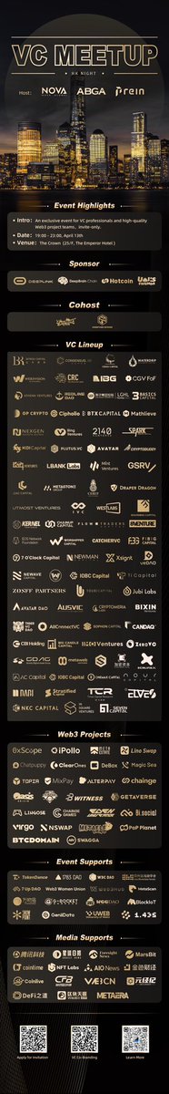 🥳See you in Hong Kong!

🍷HK NIGHT VC MEETUP
🕙Date: 19:00-23:00, April13th
💪Host: <a href="/novaglobal_io/">Nova Global</a> <a href="/ABGAasia/">ABGA</a> <a href="/theprein/">Prein</a> 
👏Co-Host: <a href="/DeepLinkGlobal/">DeepLink</a> <a href="/DeepBrainChain/">DeepBrainChain</a> <a href="/HotcoinGlobal/">Hotcoin</a> <a href="/UmisFriends/">Umi's Friends</a> @shabak_legend <a href="/GreenPower_N/">GreenPower Network 🌍</a> 

👉Scan the QR code to get the invitation

#Web3  #Crypto