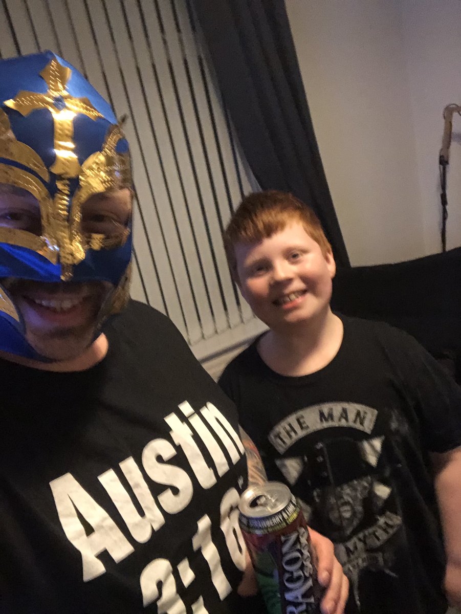 Hefty94's tweet photo. Proud of my boy, stayed up til nearly 5am watching @WWE #Wrestlemania buzzing all the way through! He’s gone to bed disappointed with the finish but we’ve loved every second! #GimmeAHellYeah https://t.co/i3m3QcitlC