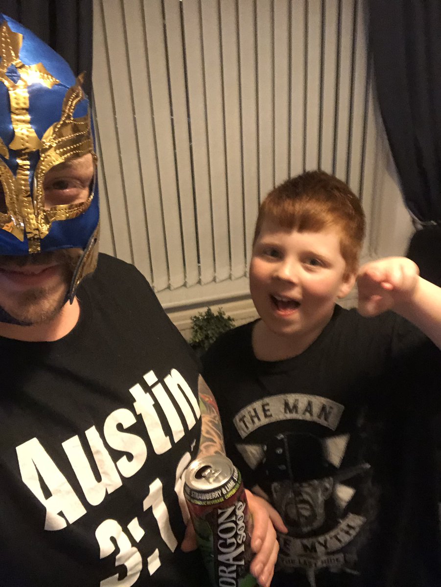Hefty94's tweet photo. Proud of my boy, stayed up til nearly 5am watching @WWE #Wrestlemania buzzing all the way through! He’s gone to bed disappointed with the finish but we’ve loved every second! #GimmeAHellYeah https://t.co/i3m3QcitlC