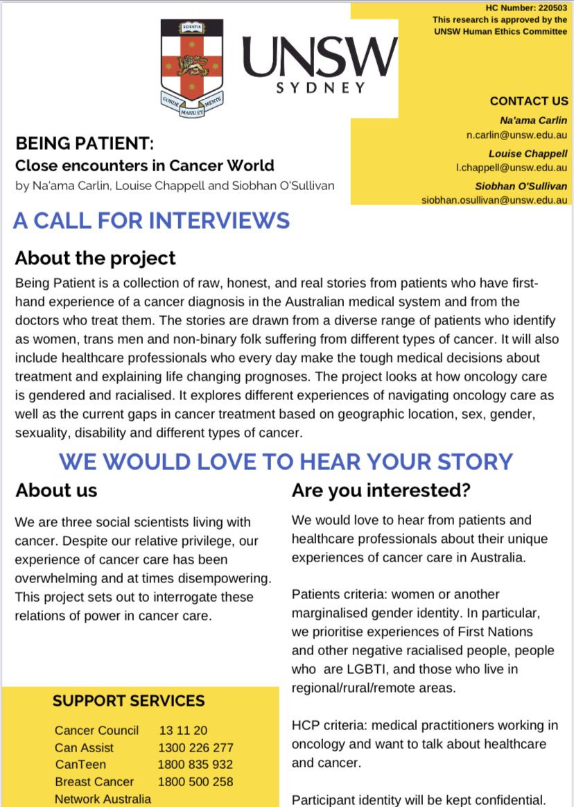 We’re looking to speak with people who have lived experience of cancer (in Aus). Our project explores power relations in oncology. In particular, we want to talk. with people from socially marginalised positions/identities & their experience of cancer & oncology 🖤