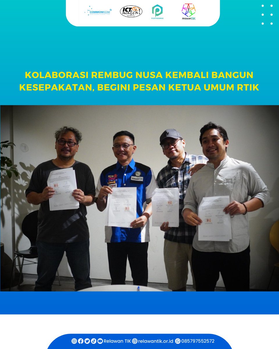 Penandatanganan Kolaborasi Rembug Nusa yang berbarengan dengan kegiatan Obral Ramadan memiliki beberapa point kesepahaman multi pihak diantaranya, selengkapnya : berita.relawantik.or.id 

#banggajadirelawantik #relawantik #rembugnusa #ictwatch #commonroom #portkesmas
