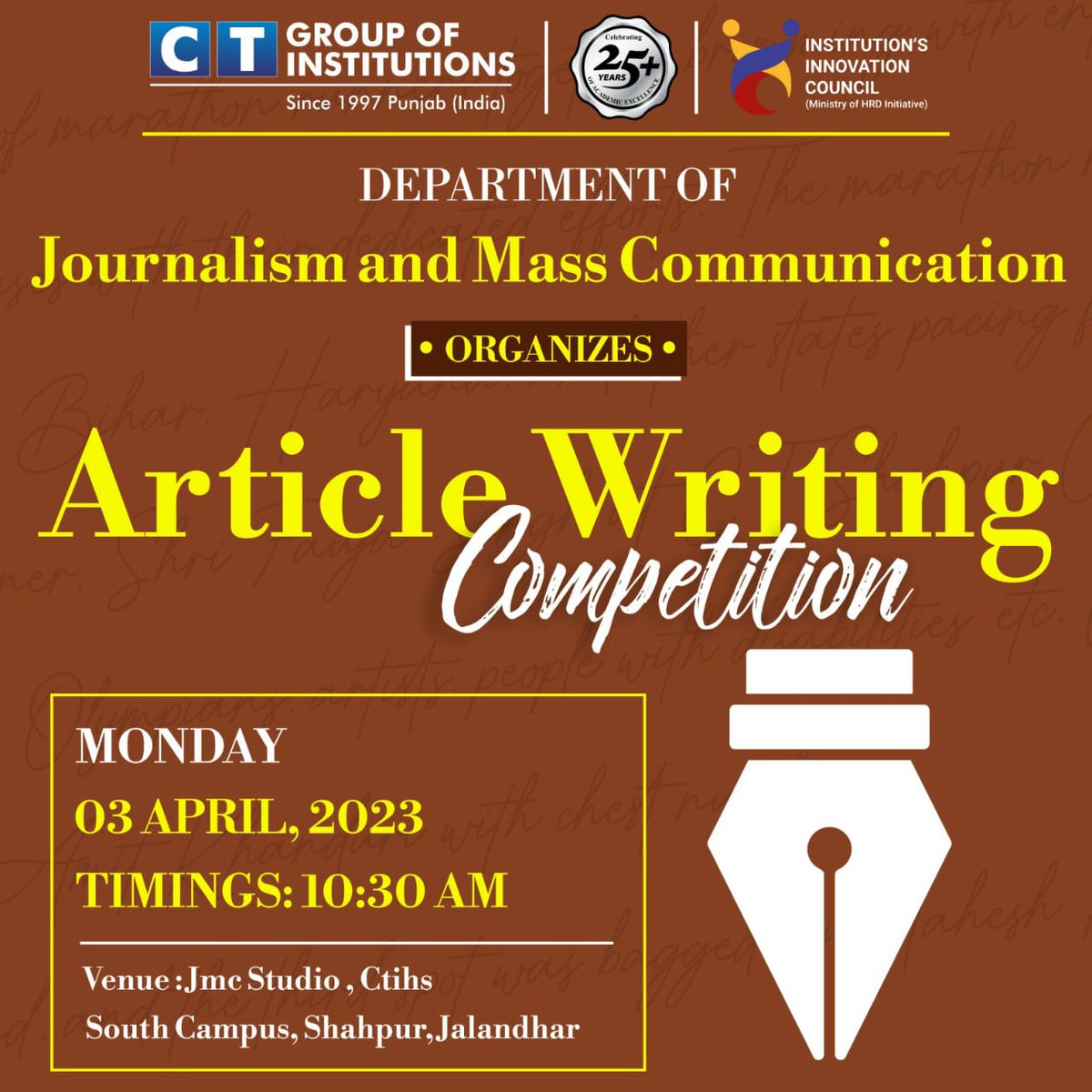 CTGroupshahpur's tweet photo. Department of Journalism and Mass-Communication, CTIHS organizes an "Article Writing Competition " on Monday, 03 April 2023 from 10:30 am onwards at JMC Studies, CTIHS south campus shahpur Jalandhar .
#ctgroup #man #women #southcampus #ctstudents #jmc #articlewriting #ctihs https://t.co/cE6Lxdm0oi