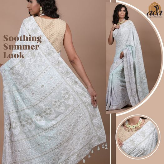 The summertime look is here! This saree has grand work and a soothing color palette. It is stylish and comfortable, and will go well with any summer affair.

#AdaChikan #Chikankari #HandMade #HandCrafted #Handicraft #TextilesofIndia #Textiles #IndianTextiles #IndianFashion