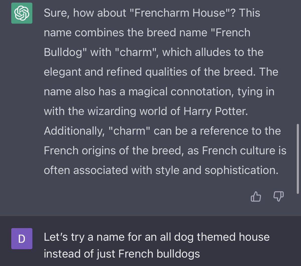 MyChatGPTConvo's tweet photo. #creativity #harrypotter #dogs #housebarkenbite https://t.co/8ObpeKcRvT