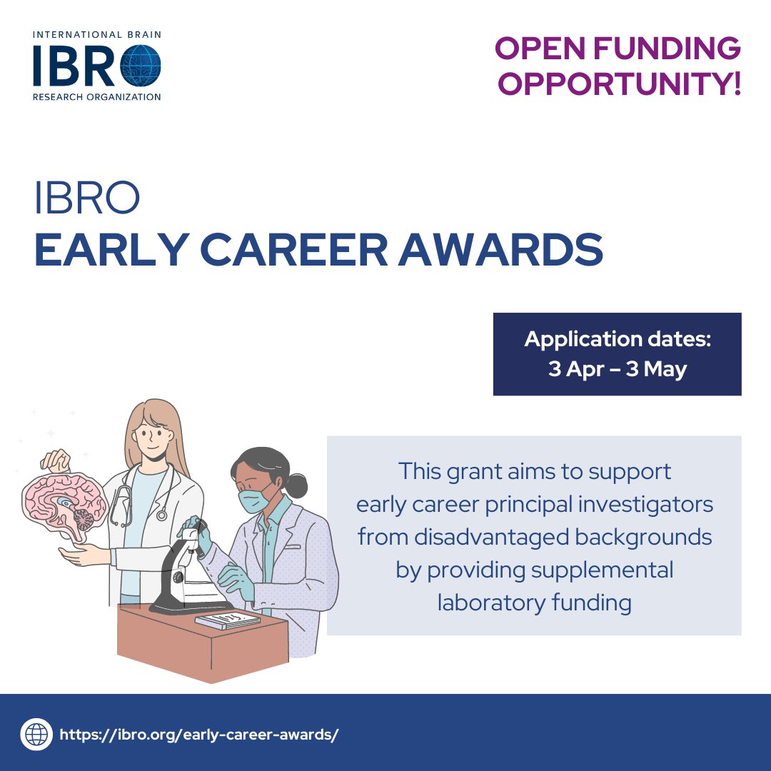 Have you started your independent #research #lab within the last 5 years? Are you looking for supplemental laboratory #funding? Take a look at the #IBRO #Early #Career #Awards! 

Learn more about this #opportunity: ow.ly/nvXy50NxseE

<a href="/JLLanciego/">José Luis Lanciego</a> <a href="/APalacio_s/">👉🏼Adrian Palacios 👈🏽</a> <a href="/cheahpikesee/">Pike See Cheah</a>