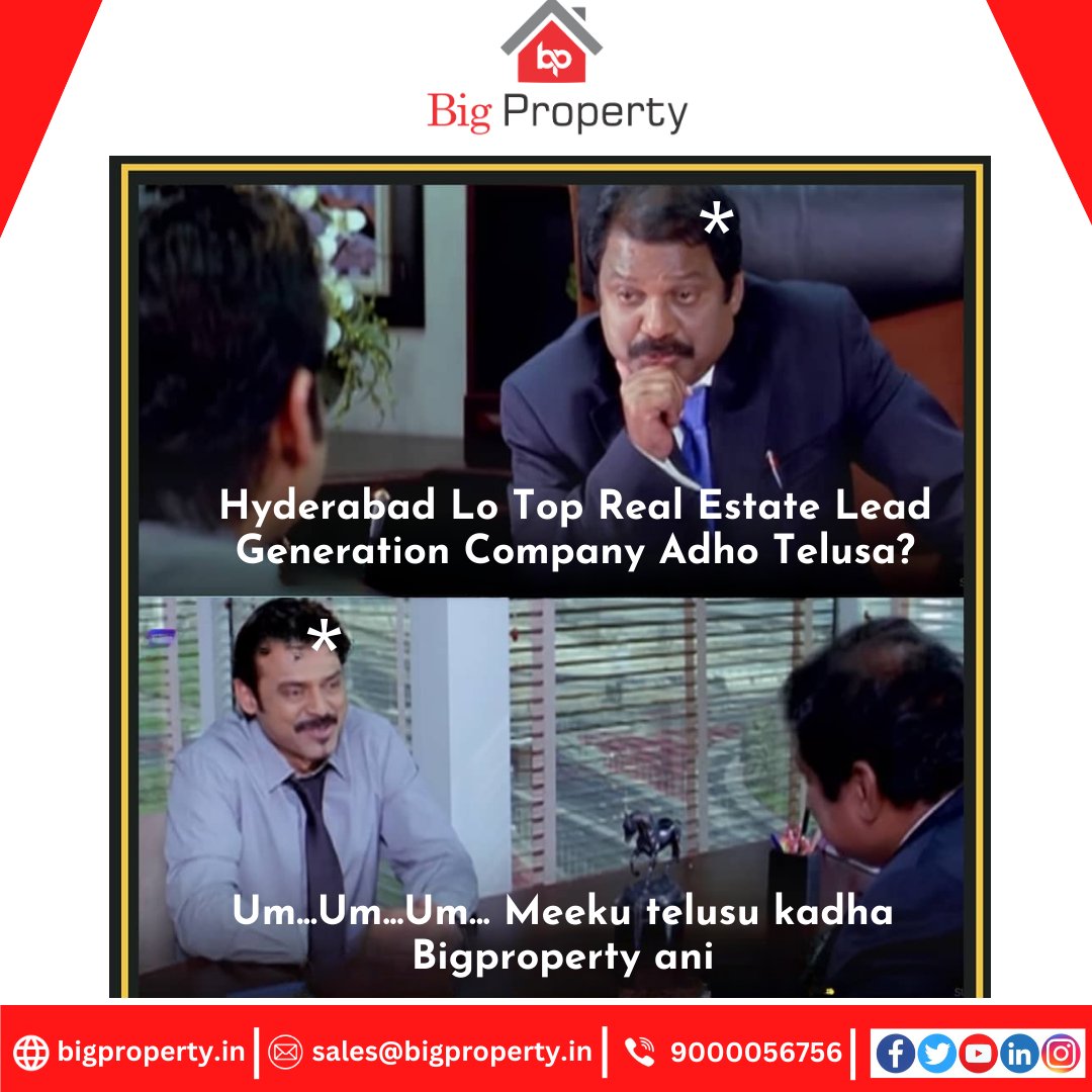 Are you looking for the best  Real Estate Lead  Generation Company?
No Need At...
Because BIG PROPERTY gives 100%Commitment and quality Leads For your Business, 
#leadgenerationcompany  #bigproperty #hyderabadrealestate #IndianRealEstate #commitmentleads #qualityleads