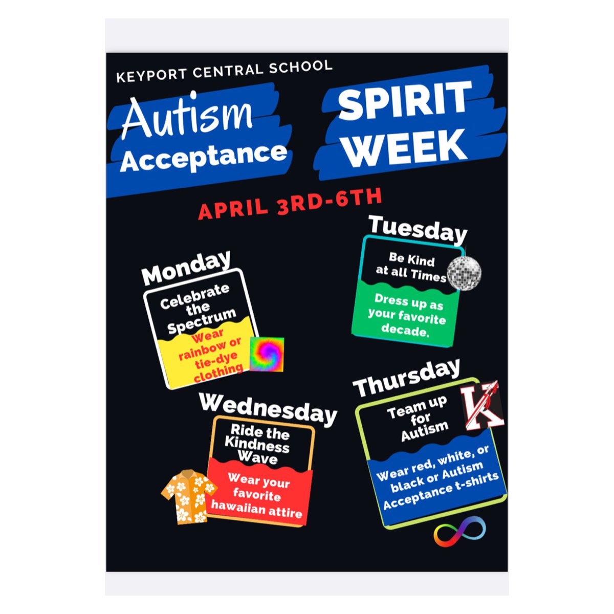 At KCS, it’s spirit week! Tomorrow kicks off Austism Acceptance, so wear your favorite tie-dye or rainbow clothes! 🧩 #keyportredraiders #bekindtoeveryone #AutismAcceptanceMonth