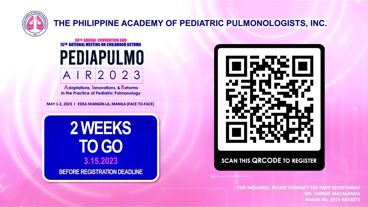 PAPP1992's tweet photo. 2 WEEKS TO GO 
BEFORE THE REGISTRATION DEADLINE ON APRIL 15, 2022  !!

The Philippine Academy of Pediatric Pulmonologists, Inc. (PAPP)

30th ANNUAL CONVENTION &amp; 
15th NATIONAL MEETING ON CHILDHOOD ASTHMA https://t.co/3ugXvhKkXS