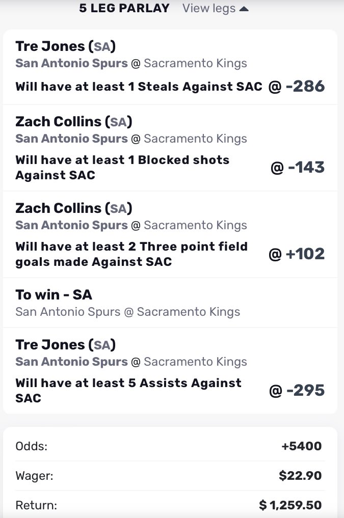 bizz_plus's tweet photo. SGP #GamblingTwiiter #SPURS +5400 odds SGP 🔁🔁🔌🔌🔌🥶😶‍🌫️🥶😶‍🌫️🥶 https://t.co/lCNYrGKSR1
