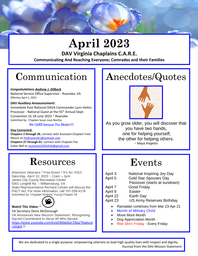 DavVirginia's tweet photo. The 2023 April Chaplains CARE flyer. Take a moment; read it, print it, post it, point it out in your meetings, pass it on. Encourage others to share it with their families and friends. The ways to share the flyer are endless. #DAV,#Chaplain,#DAVVA https://t.co/4oIC7ZlpZG