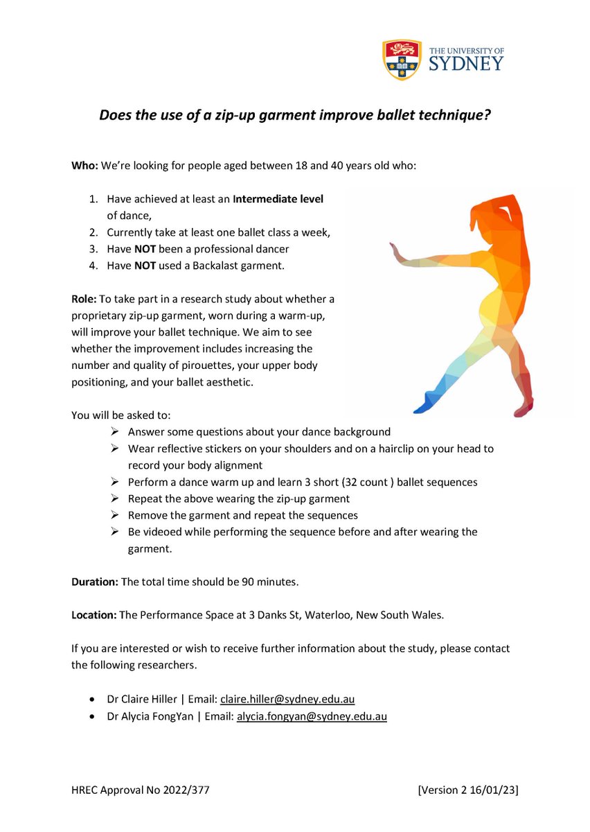 Dr Cliffton Chan (@clifftonchan) on Twitter photo Ballet dancers wanted!
We at @macquarie_uni and @sydney_uni are conducting research on whether a zip-up compression garment affects #ballet technique.
If you're a dancer in #sydney, please get in touch #researchproject. More info attached in flyer. <a href="/aspah_aus/">ASPAH</a> <a href="/DaRC_Aus/">Dance Research Collaborative (DaRC)</a> <a href="/IADMS/">IADMS</a> Ballet dancers wanted!
We at @macquarie_uni and @sydney_uni are conducting research on whether a zip-up compression garment affects #ballet technique.
If you're a dancer in #sydney, please get in touch #researchproject. More info attached in flyer. <a href="/aspah_aus/">ASPAH</a> <a href="/DaRC_Aus/">Dance Research Collaborative (DaRC)</a> <a href="/IADMS/">IADMS</a>