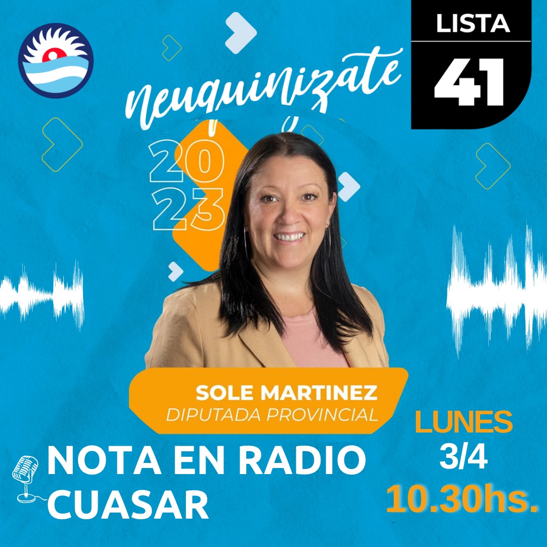 FrenteJda's tweet photo. Lunes 3 de abril escucha a @soledezapala candidata a diputada provincial en @fmcuasar 📻
.
.
#LISTA41
#junindelosandes
#Neuquinizate
#neuquinizateconla41 https://t.co/6ujyAeHYGX