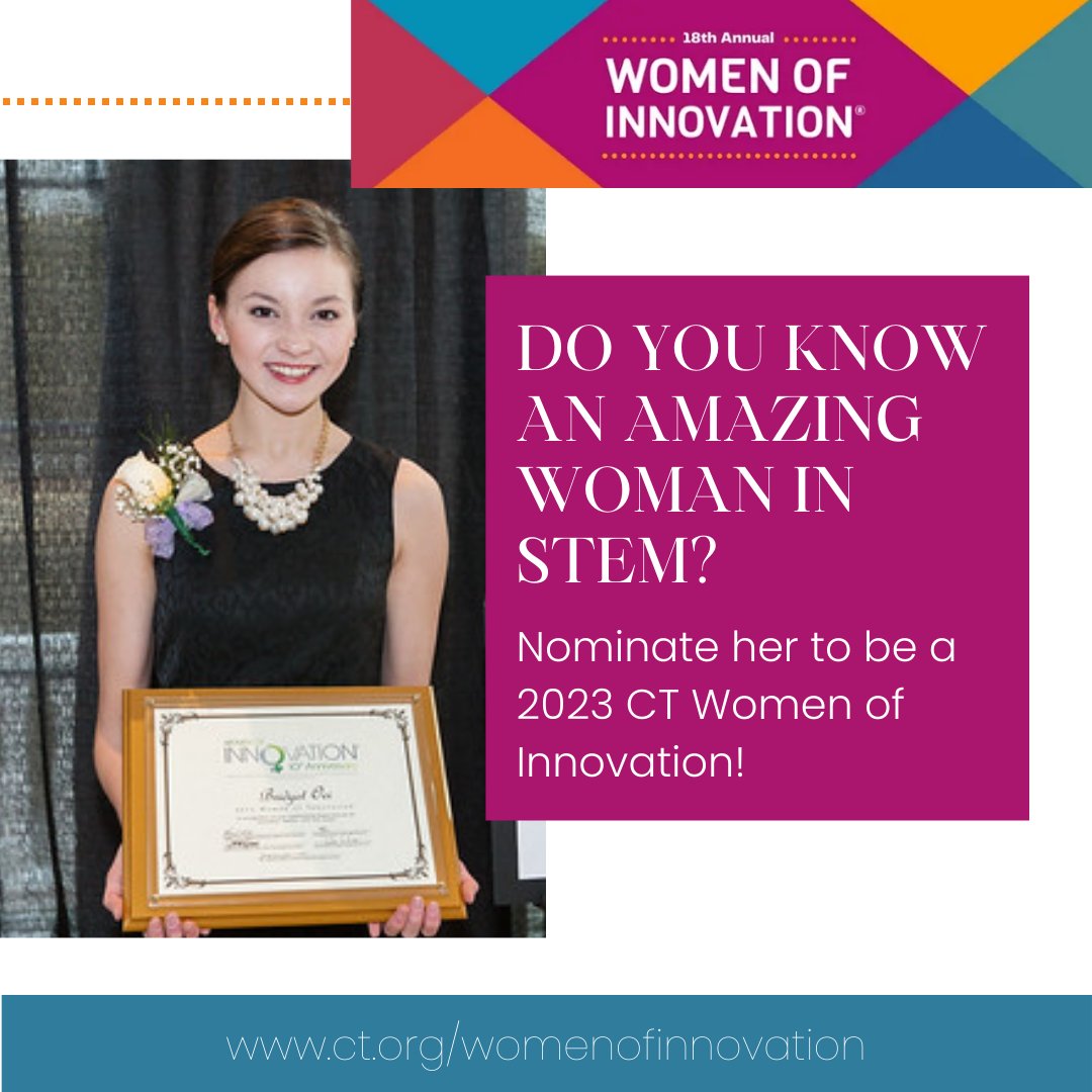 CT Tech Council (@cttech) on Twitter photo Don't miss the 12 PM deadline on April 30 to nominate a stellar CT woman or girl working or studying in #STEM, for the 18th Annual Women of Innovation® Awards, 10/25/23, 5 - 7 PM <a href="/SCSU/">Southern Connecticut State University 🦉</a>. Info/submit here:
bit.ly/3nrPFS3 ct.org/womenofinnovat… Don't miss the 12 PM deadline on April 30 to nominate a stellar CT woman or girl working or studying in #STEM, for the 18th Annual Women of Innovation® Awards, 10/25/23, 5 - 7 PM <a href="/SCSU/">Southern Connecticut State University 🦉</a>. Info/submit here:
bit.ly/3nrPFS3 ct.org/womenofinnovat…
