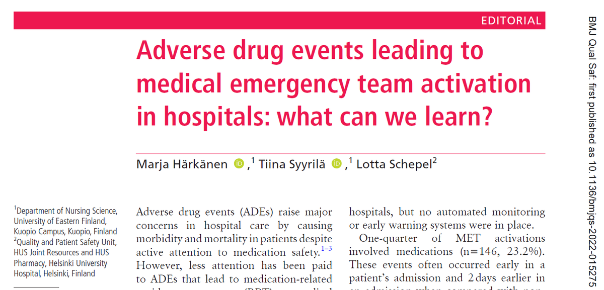 CarlkRx's tweet photo. 2/2 Editorial by BMJ Q Safety on previous tweet (1/2). "The study by Levkovich makes a valuable contribution to the literature about the ADEs leading to MET activations". "More attention should be paid to cardiovascular meds and omission errors to avoid ADEs in hospitals" #CMUS https://t.co/yBAMKZGbTA