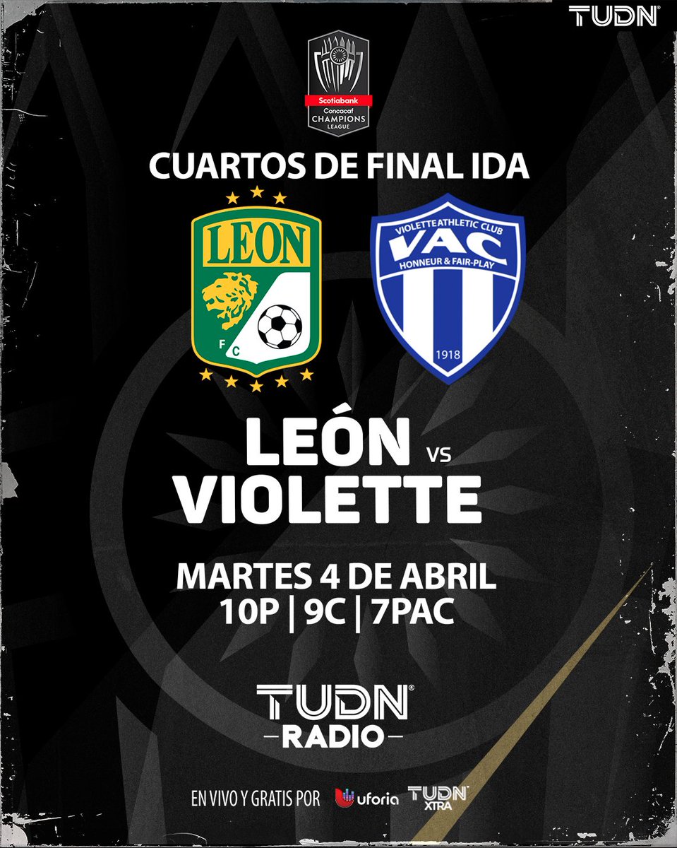 TudnRadio's tweet photo. ¡Continúa #TuConcacaf🏆 a través de @TudnRadio 📻 #SCCL23 👀
🦁 @clubleonfc 🆚 @VACHAITI 🔵⚪️
📅Martes 4 de abril
⏰10pm ET🇺🇸/ 8pm C🇲🇽
🎙️https://t.co/payimWfmPY
🖥️https://t.co/Fm3jZYeS6F
#Violette | #Leon | #Concachampions https://t.co/AyjHyFJExf