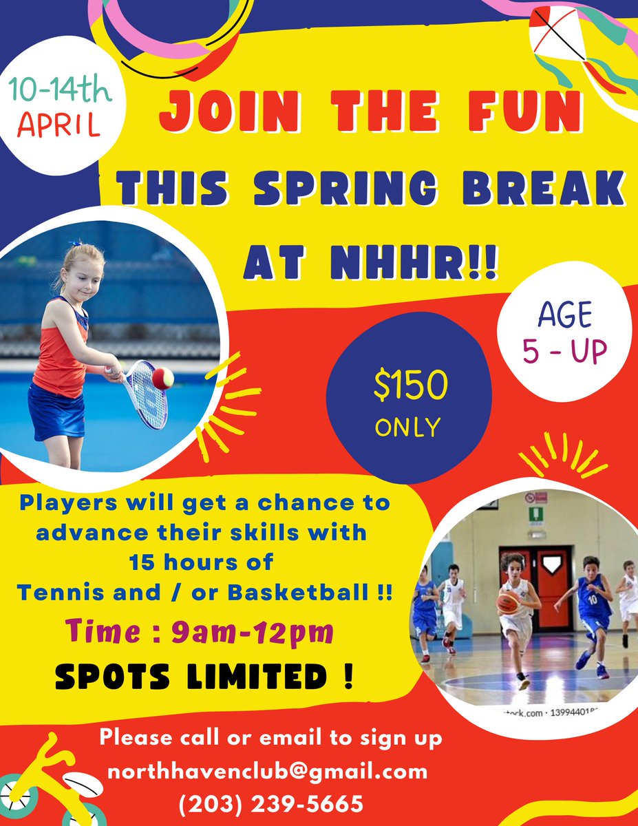 Join the fun this spring at NHHR!!

#SpringBreak #springtennis #springfun #springbasketball #northhavenCT #NewHavenCT