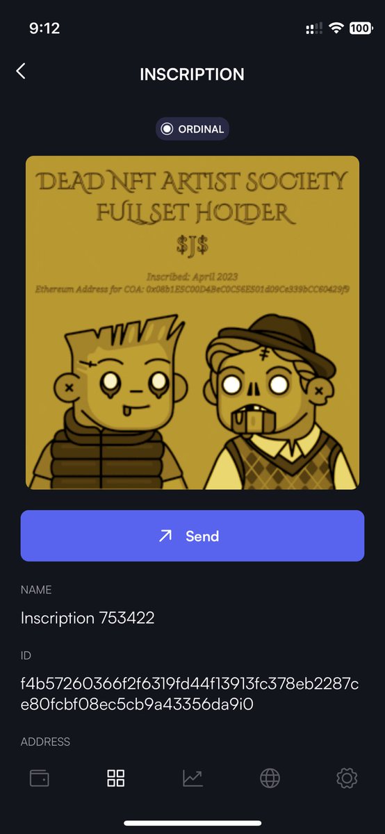 My first bitcoin ordinals NFT!  Thanks <a href="/metadavideth/">meta-david ⛓️🦞</a>!  So cool to see my @deadfellaz on there.  Check out his awesome podcast, "Dead NFT Artist Society" which is free to mint and featured phenomenal guests and outstanding interviews so far.  🔥💚🚀