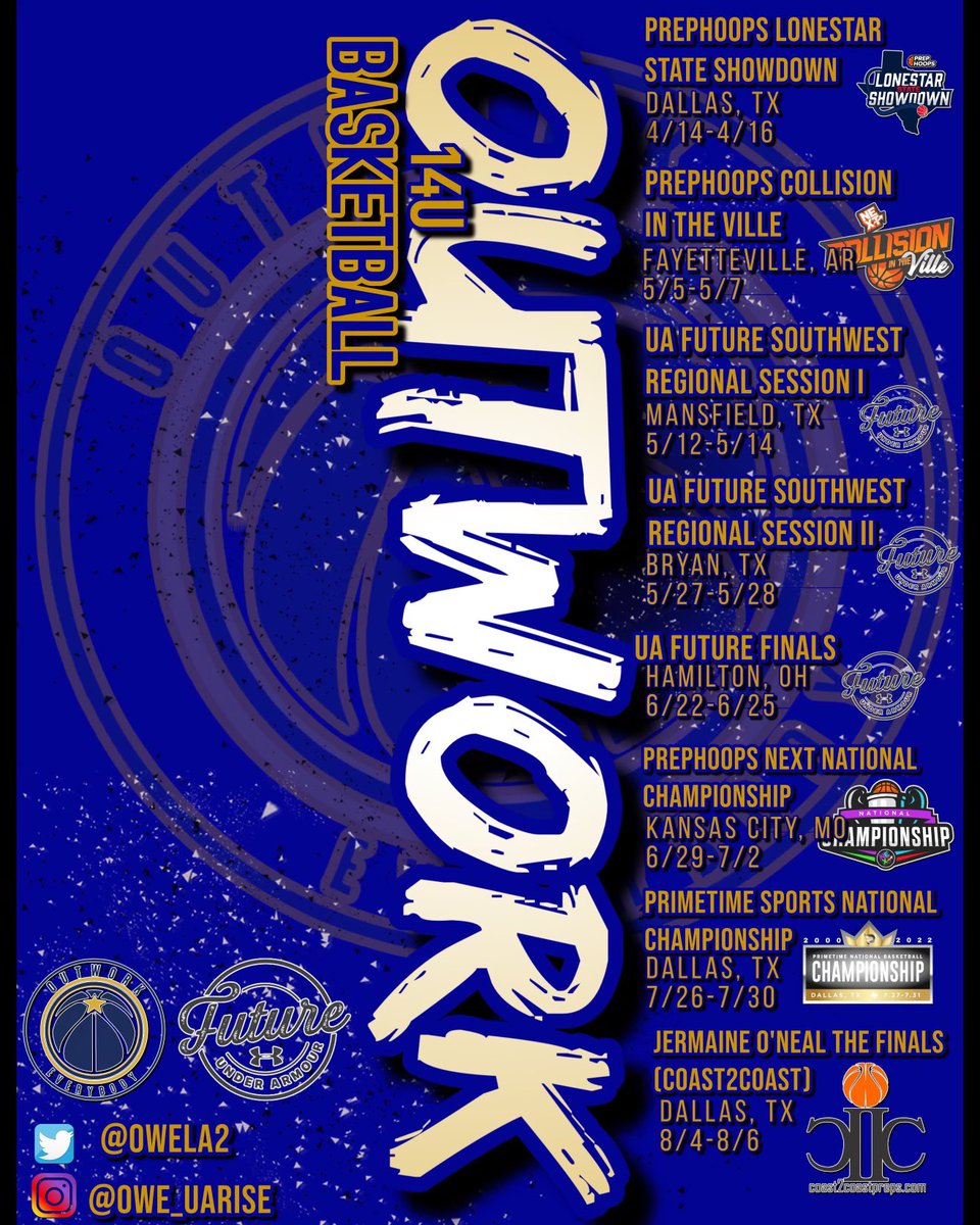 OWELA2's tweet photo. The Spring/Summer is HERE! Our 17U , 16U, 15U, &amp; 14U schedule . 
#OutWork💛💙🏀 @CoachMorris5 @CoachEShepherd @CoachRQWilliams @B_Shyne20 @peedee1906 https://t.co/HflNpMsjpq