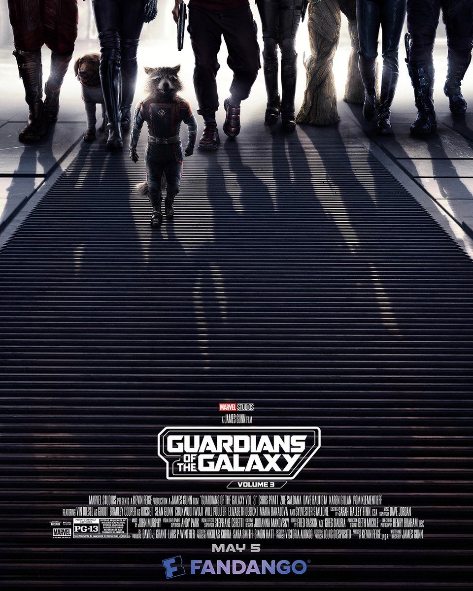 MarvelStudios's tweet photo. Check out the exclusive @fandango artwork for Marvel Studios’ Guardians of the Galaxy Vol. 3, only in theaters May 5. Get tickets now: https://t.co/Owh9udqlsx #GotGVol3 https://t.co/XejWBw9lhS