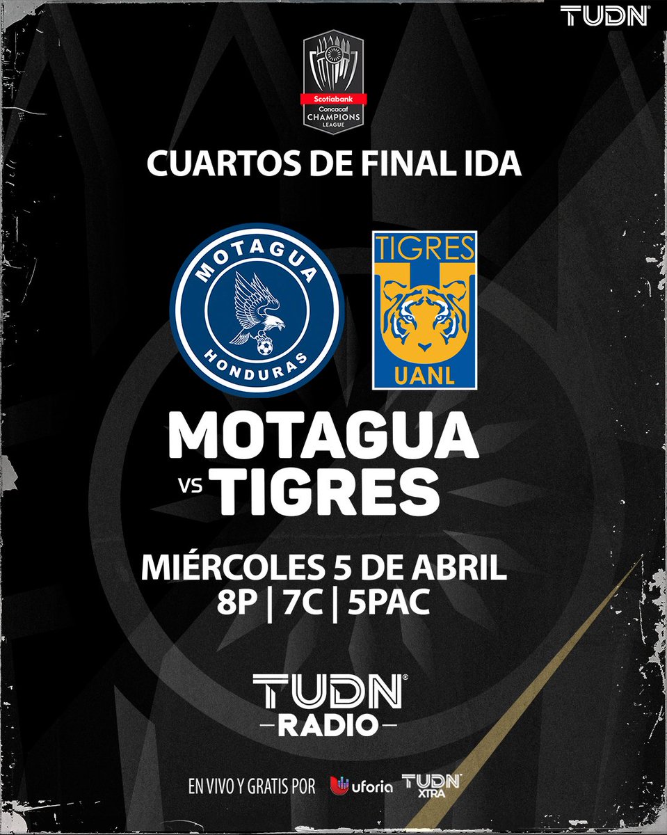 TudnRadio's tweet photo. 🤩 ¡Continúa #TuConcacaf🏆 a través de @TudnRadio 📻 #SCCL23 👀
🦅 @MOTAGUAcom 🆚 @TigresOficial 🐯
📅Miércoles 5 de abril
⏰8pm ET🇺🇸/ 6pm C🇲🇽
🎙️ https://t.co/payimWfmPY
🖥️ https://t.co/bbCnUgFhQt
#Motagua | #Tigres | #Concachampions https://t.co/bTx1negB5Y