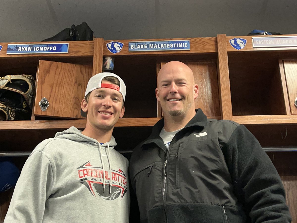 CRitterbaseball's tweet photo. Awesome seeing Raider great Blake “Hot Mustard” Malatestinic today at EIU! Like old days at Ritter, he threw a great game! Go Panthers!! #4for40 #WhoHasMoreFun https://t.co/PNDALl6iVf