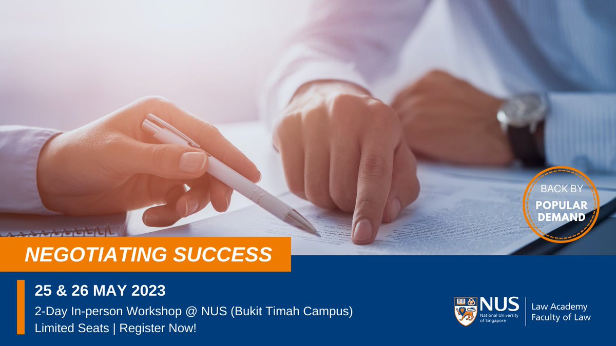 This 2-day workshop will give participants a working knowledge of the Interests-Based Model of Negotiation created by Roger Fisher and as taught at Harvard Law School. Details are available at t.ly/VpW3. SFC claimable. Limited Seats Available. Apply Now!