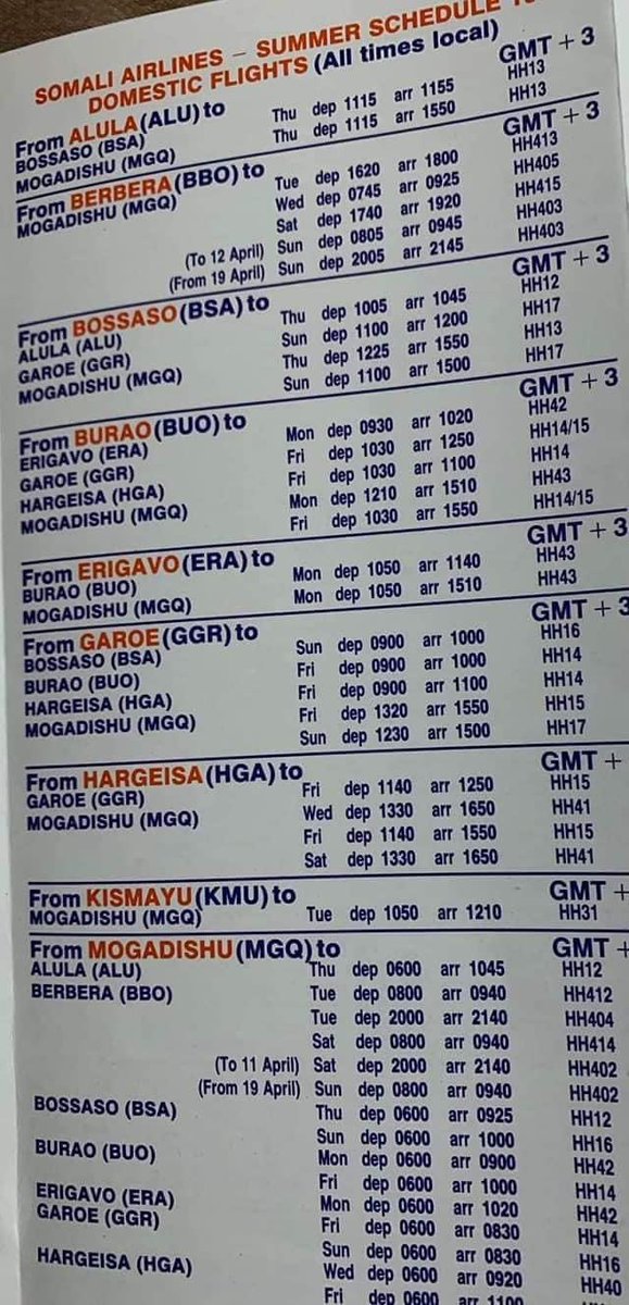 #Somali Airlines domestic flights guideline-book 1987. It was flag carrier of #Somalia and one of #Africa’s leading Airlines which used to offer both domestic and international flights with operating Airbus A310-300s, Boeing 720Bs and  Boeing 707-300s.